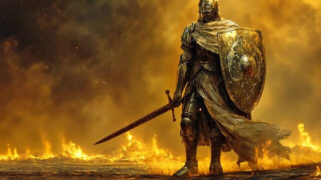 Legend&auml;rer Ritter mit leuchtendem Schwert in einer goldenen Welt