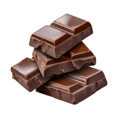 A delicious collection of premium chocolate bar chunks with a slightly rough cocoa texture and a deep rich brown hue elegantly floating on a transparent background