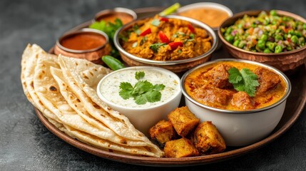 Vibrant Indian Cuisine Plate Featuring Chicken, Lentils, Vegetables, Bread, and Fresh Herbs for Authentic Experience