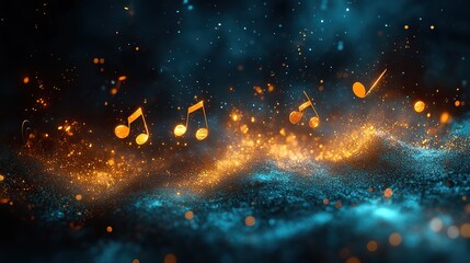 Naklejka premium Dark background, flowing turquoise music notes create a captivating visual of musical rhythm, harmony, melody, and sound.