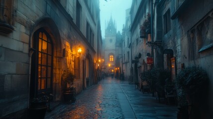 Obraz premium A fog-filled alley in a city, with the faint sound of footsteps echoing in the distance 