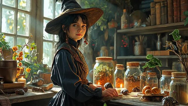 Junge Hexe mit geheimnisvollen Tr&auml;nken in einer alten H&uuml;tte