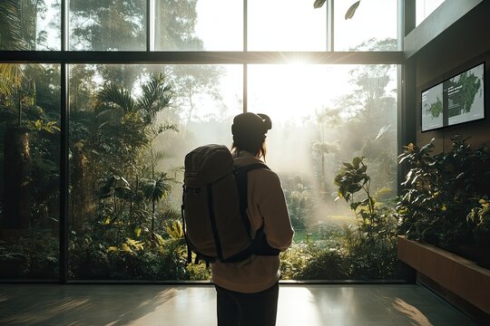 traveler standing in bright sunlit room experiencing hyper-realistic vr simulation of hiking through rainforest