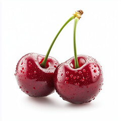 Cherries with water droplets against a white background