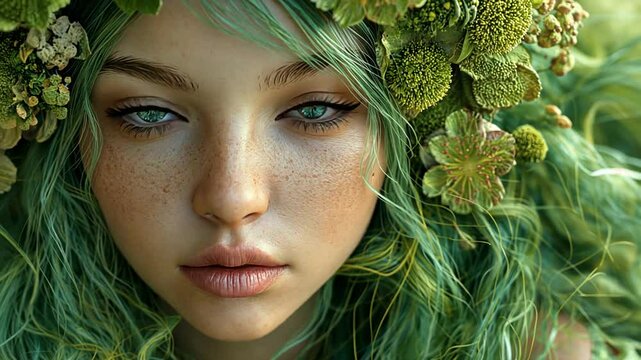 Verzauberte Waldelfe mit Blumen in den Haaren und leuchtenden Augen