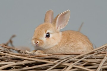 Cute baby bunny with soft golden fur sitting in a nest of dried twigs in a gentle and warm lighting setting capturing innocence and charm