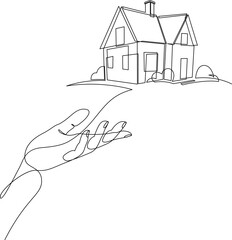 Hand holding house continuous one line drawing. Hand drawn single line real estate concept. Vector illustration.