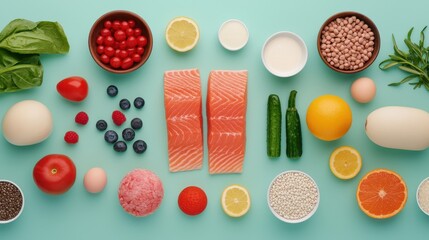 Fresh Ingredients for Healthy Cooking with Salmon, Vegetables, Fruits, and Yogurt on Colorful Background