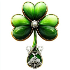Exquisite jeweled shamrock pendant with intricate golden details and a pearl centerpiece for Irish charm

