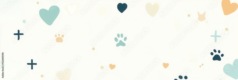 Poster minimalist veterinary background with soft pastel colors and harmonious icons of paw prints and hear