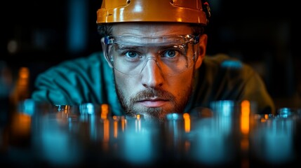 Skilled worker in a manufacturing facility demonstrates focus and determination while engaging in tasks related to steel and aluminum processing. Safety equipment is worn for protection.