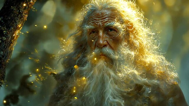 Alter Magier mit funkelndem Bart und tiefgr&uuml;ndigem Blick