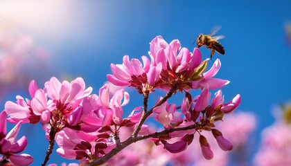 spring flowers in nature blooming pink cercis tree and bee against a blue sky on bright sunny day shallow depth of field