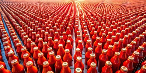 Fototapeta premium Aerial View of Ketchup Bottle Field, Red Sauce Packaging, Food Production, Farmland, Agriculture
