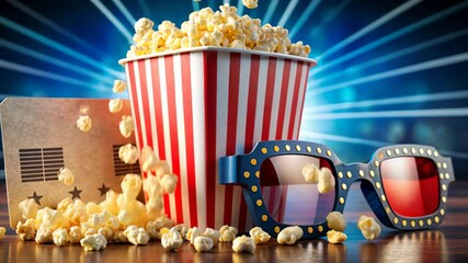 Striped popcorn busket and 3d glasses at cinema, movie time with retro ticket, concept of entertainment, film