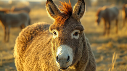 Fototapeta premium A close-up of a sad donkey walking through the countryside