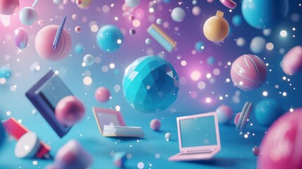 Colorful floating shapes and devices in a whimsical digital space.