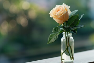 Fototapeta premium Elegant pale yellow rose in glass vase with soft green background blur