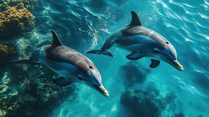 Fototapeta premium Dolphins swim in clear turquoise water, a marine wildlife spectacle.
