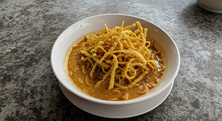 A bowl of delicious Khao Soi noodles a Northern Thai coconut curry soup with soft and crispy egg noodles on a textured table.