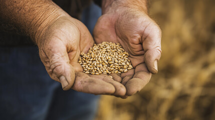 Close-up of Farmer&rsquo;s Hands Holding Golden Wheat Grains in Sunlit Field &ndash; Agricultural Harvest and Rural Farming Concept