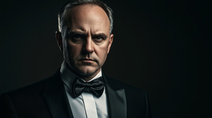 Fototapeta premium A man wearing a tuxedo and bow tie, looking straight at the camera, generative AI