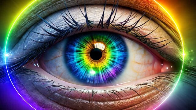 Rainbow colored eye close-up with light effects, human iris with spectrum circles, concept of design, technology