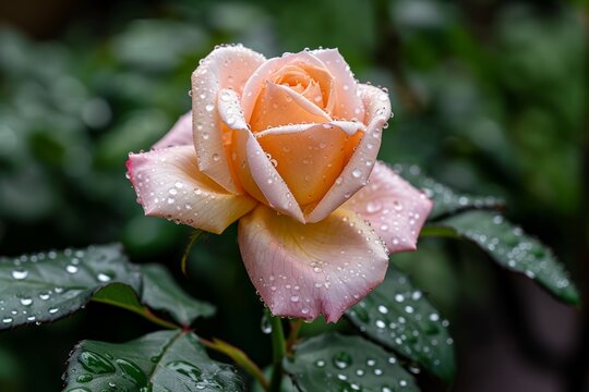 Close-up of pink and yellow rose with dew drops in a lush green garden