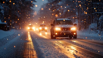 Obraz premium During heavy snowfall, cars drive slowly on a snow-covered road with headlights illuminating snowflakes, creating a warm glow in the cold winter scene.