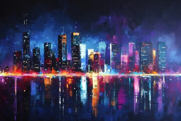 Stunning city skyline at night featuring vibrant lights and reflections for urban landscape admirers and home decor enthusiasts