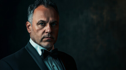 Fototapeta premium A man wearing a tuxedo and bow tie, looking straight at the camera, generative AI