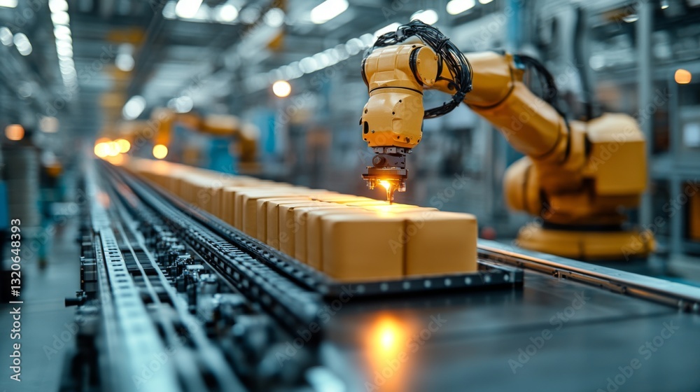 Aufkleber in a bustling factory, robotic arms efficiently package yellow boxes, demonstrating advanced automat