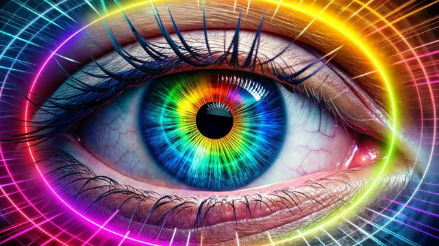 Rainbow colored eye close-up with light effects, human iris with spectrum circles, concept of design, technology