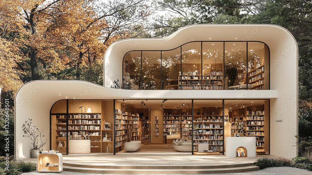 Poster modern, minimalistic library building with large windows, surrounded by trees and autumn foliage, inviting serene atmosphere