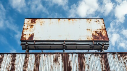 A billboard mounted on an old industrial warehouse with rusted metal walls