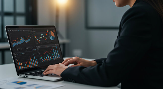 Business data analyst reviewing financial charts and graphs on laptop, stock market trading statistics dashboard, professional financial analysis and investment monitoring in office setting - Powered by Adobe