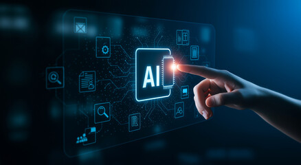 AI technology interface concept, Human hand touching futuristic digital display with AI icon, Digital transformation and artificial intelligence in business automation