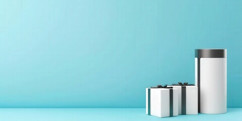 Ecommerce platform inventory management concept. Minimalist gift boxes against a blue background.