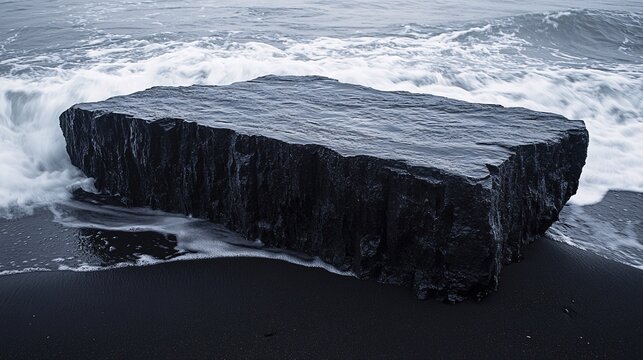 A large black rock sits near the foamy ocean waves