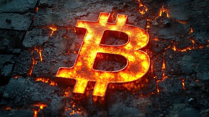 Embedded in a grunge concrete wall, the glowing bitcoin symbol represents cryptocurrency investment's volatile and uncertain nature, and market challenges.