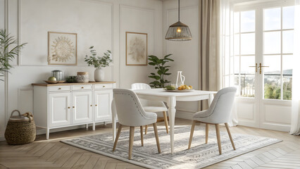 Fototapeta premium Minimalist dining room design cozy home interior photography soft natural light aesthetic comfort