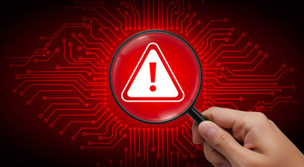 Cybersecurity threat detection through magnifying glass, digital circuit background with warning symbol, technology risk assessment concept, data breach alert visualization