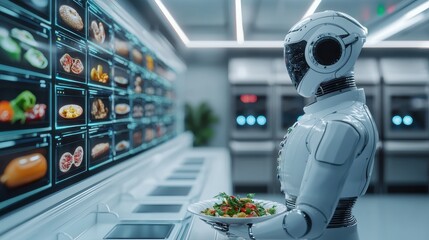 Fototapeta premium Futuristic Robot Chef Presenting a Colorful Salad in a High-Tech Kitchen with Digital Food Display