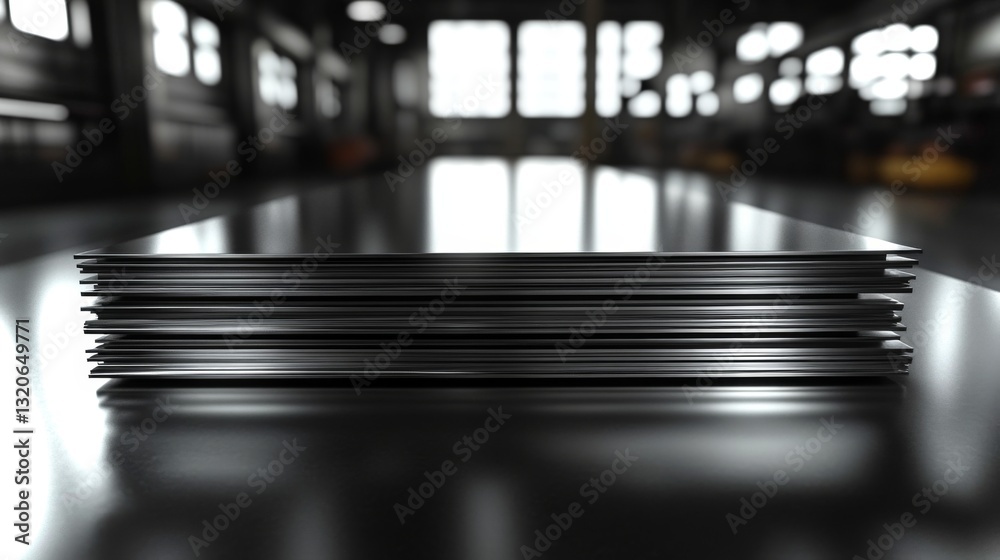 Aufkleber Stacked steel and aluminum sheets are displayed in a modern factory environment. The setting highlights advanced engineering and automation in manufacturing.
