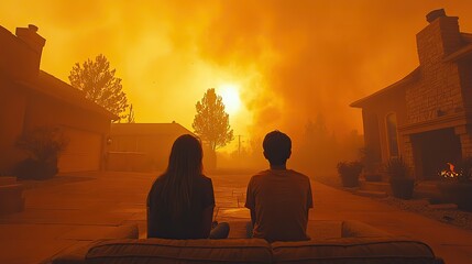 Engulfed in wildfire smoke, the devastated family evacuates their home.