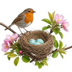 robin redbreast bird in a nest with eggs and apple blossoms on a branch isolated on a white background