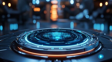 A futuristic electronic platform with glowing blue and orange lights
