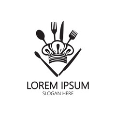 a black and white logo with a crown and fork and spoon
