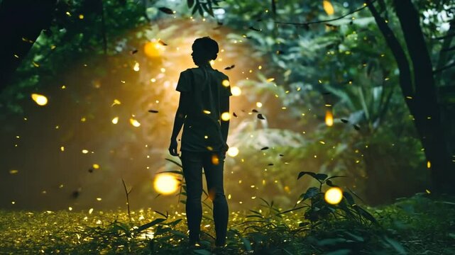 Silhouette eines magischen Wanderers in einem funkelnden Wald
