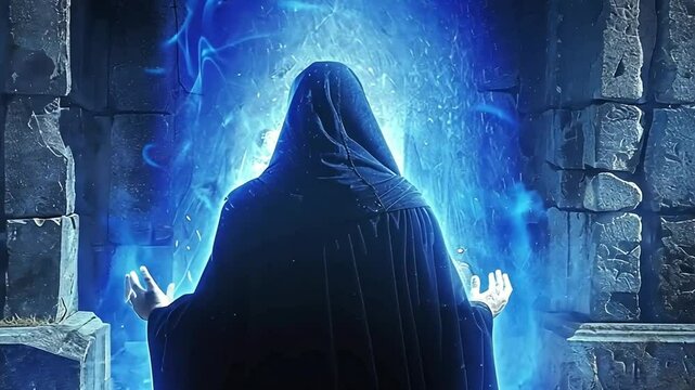 Magier tritt durch ein leuchtendes magisches Portal
